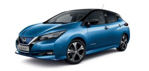Nissan, leaf, kék, oldalnézet, dísztárcsa, visszapillantó